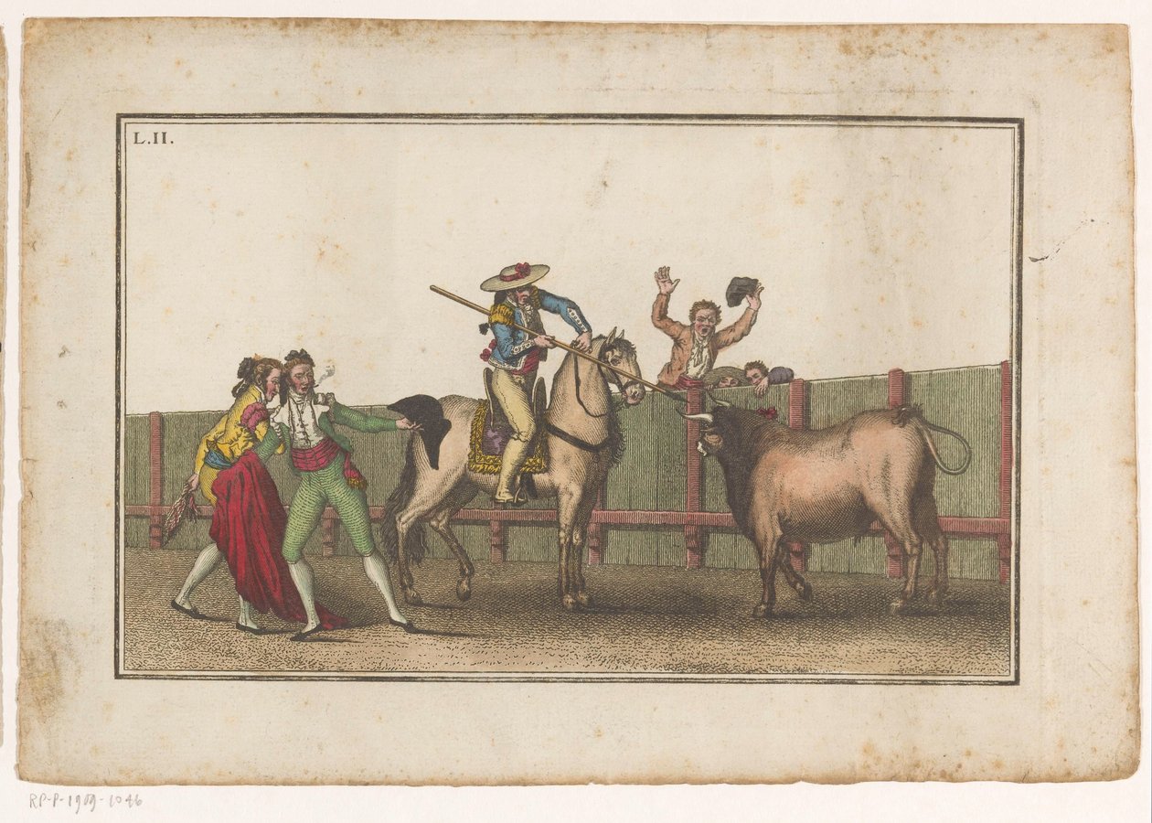 Picador riktar sin lans mot en tjur Coleccion de las principales suertes de una corrida de toros (serietitel) Samling av de viktigaste tjurfäktningsmanövrarna (serietitel) av Luis Fernandez Noseret