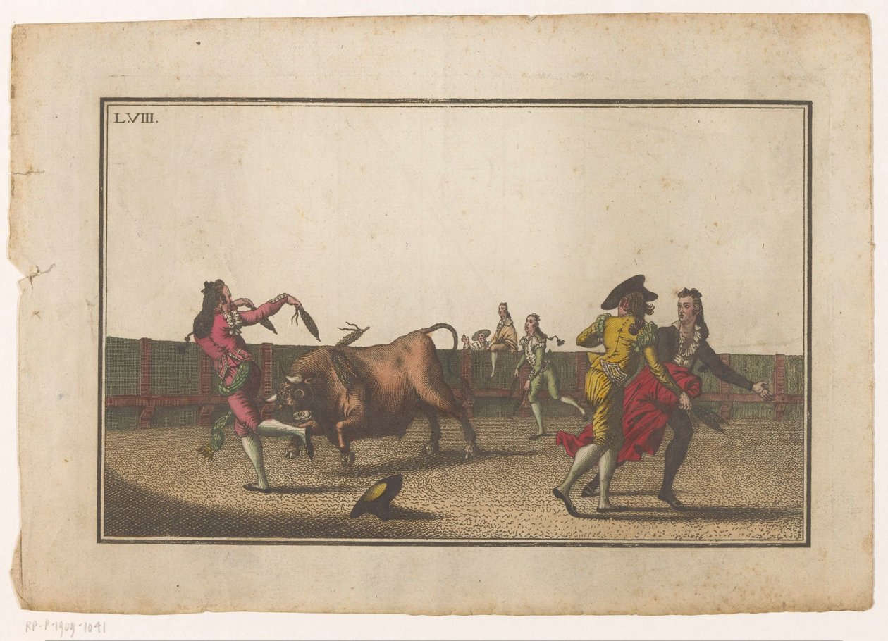 Oxen utmanas med banderillas Coleccion de las principales suertes de una corrida de toros (serietitel) Samling av de viktigaste manövrarna inom tjurfäktning (serietitel) av Luis Fernandez Noseret