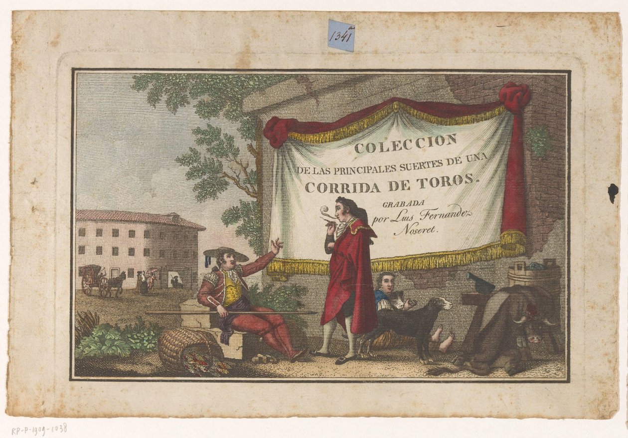 Titeltryck med tjurfäktare och ett tjurskinn Coleccion de las principales suertes de una corrida de toros (serietitel på objekt) Samling av de viktigaste tjurfäktningsmanövrarna (serietitel) av Luis Fernandez Noseret