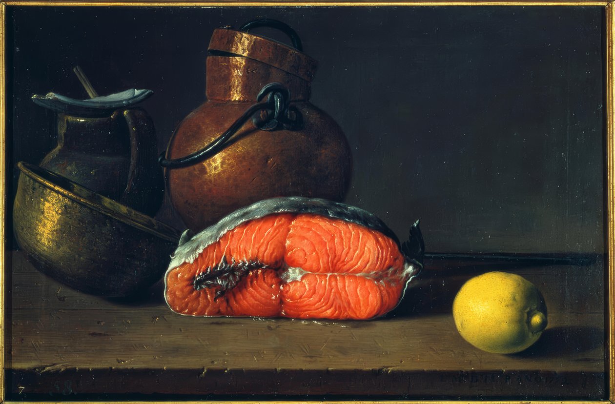 Stilleben med lax, citron och kärl av Luis Meléndez