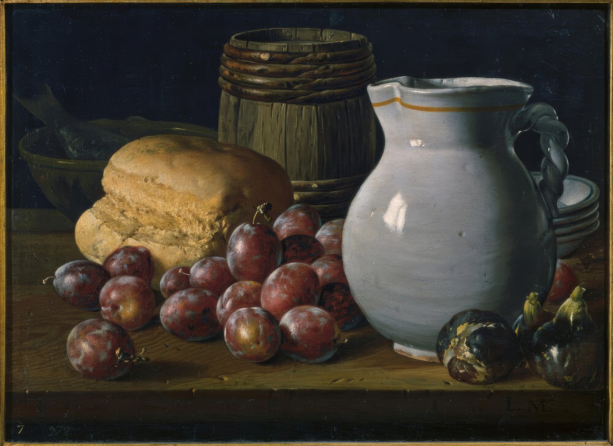 Stilleben med plommon, fikon, bröd, fat, kanna och andra kärl av Luis Meléndez
