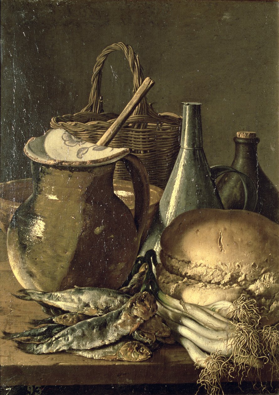 131-0058519/1 Stilleben med fisk, purjolök och bröd av Luis Menendez or Melendez