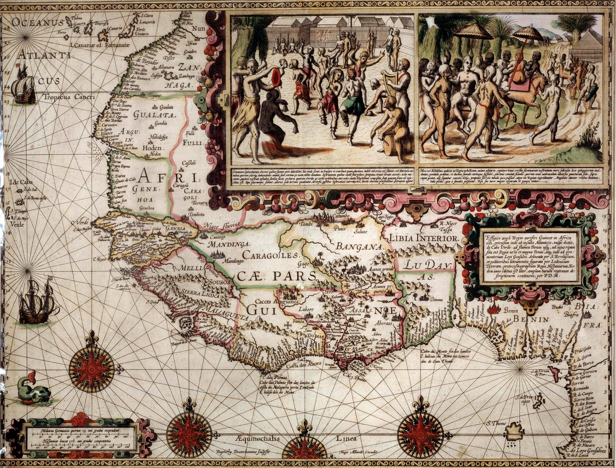 Geografisk karta över Guinee gjord av kartografen Luis Teixera (eller Teixeira), cirka 1586. Längst upp till höger, representation av en dansscen bland ursprungsbefolkningen (afrikaner). av Luis Teixeira