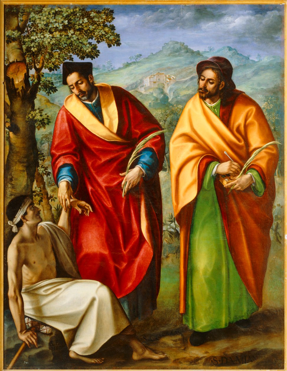 Helgonen Cosmas och Damian, läkare, botar en sjuk person ... av Luis de Carvajal