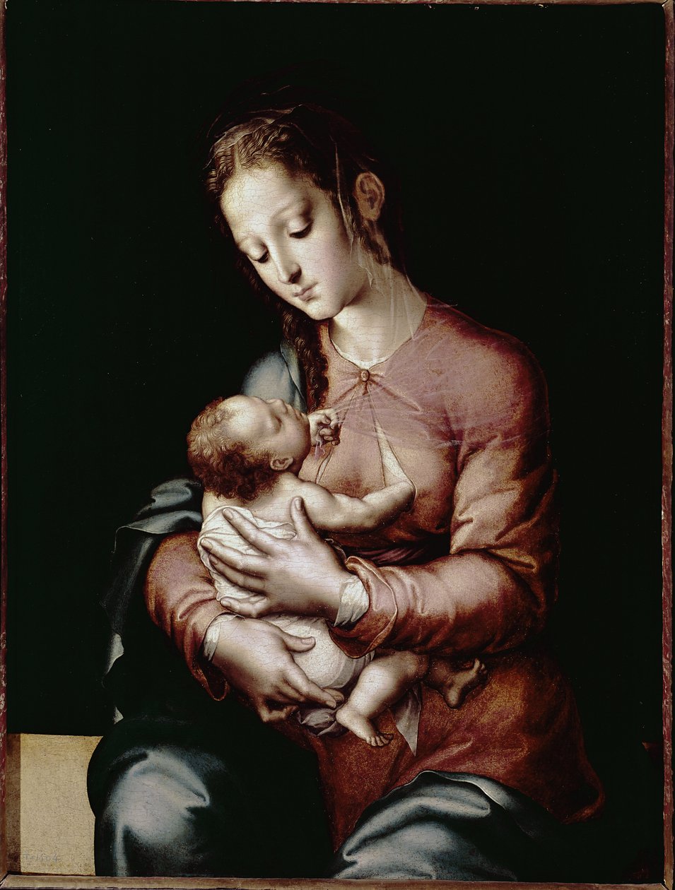 Jungfrun och barnet (olja på panel, ca 1565) av Luis de Morales