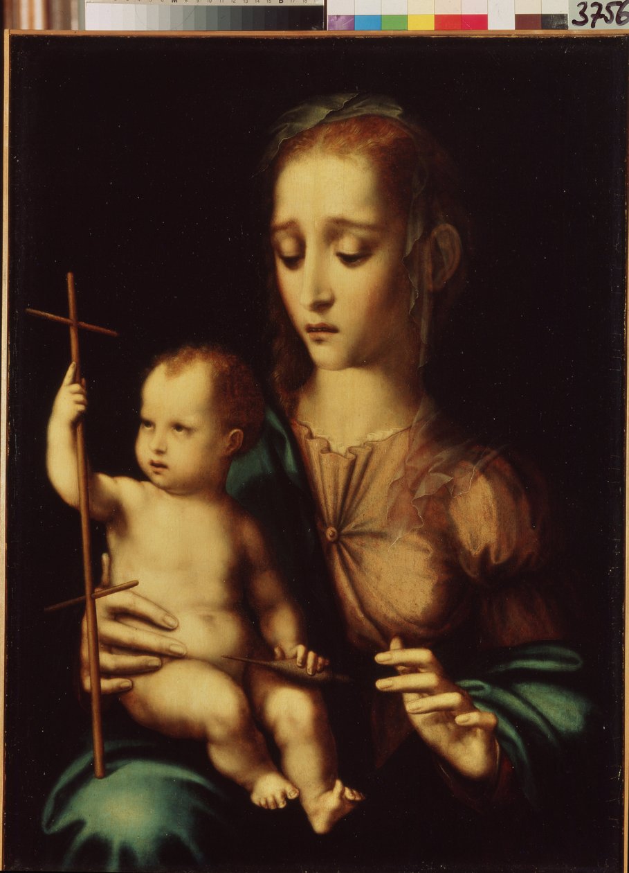 Madonna and Child with a Distaff (Madonna and Child with a Distaff). Målning av Luis de Morales (1509/20-1586), cirka 1570. Spansk konst, manneristisk stil. Eremitagemuseet, Sankt Petersburg. av Luis de Morales