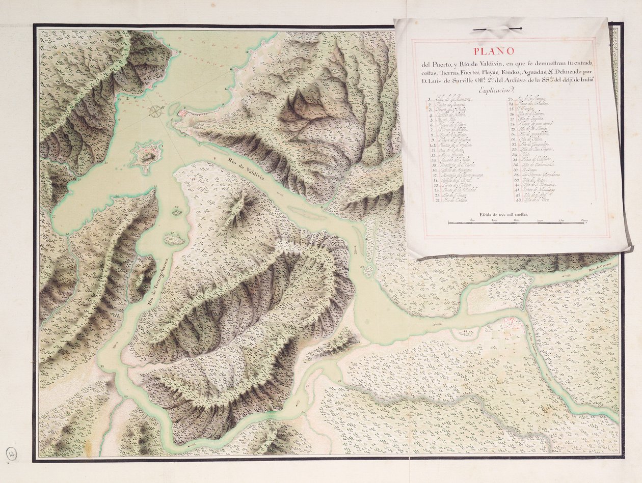 Karta över floden Valdivia med omgivningar, Chile av Luis de Surville