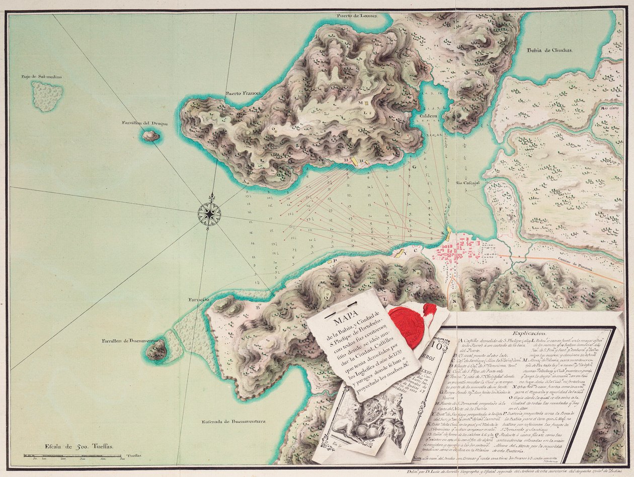Karta över bukten och staden S. Phelipe de Portobelo av Luis de Surville