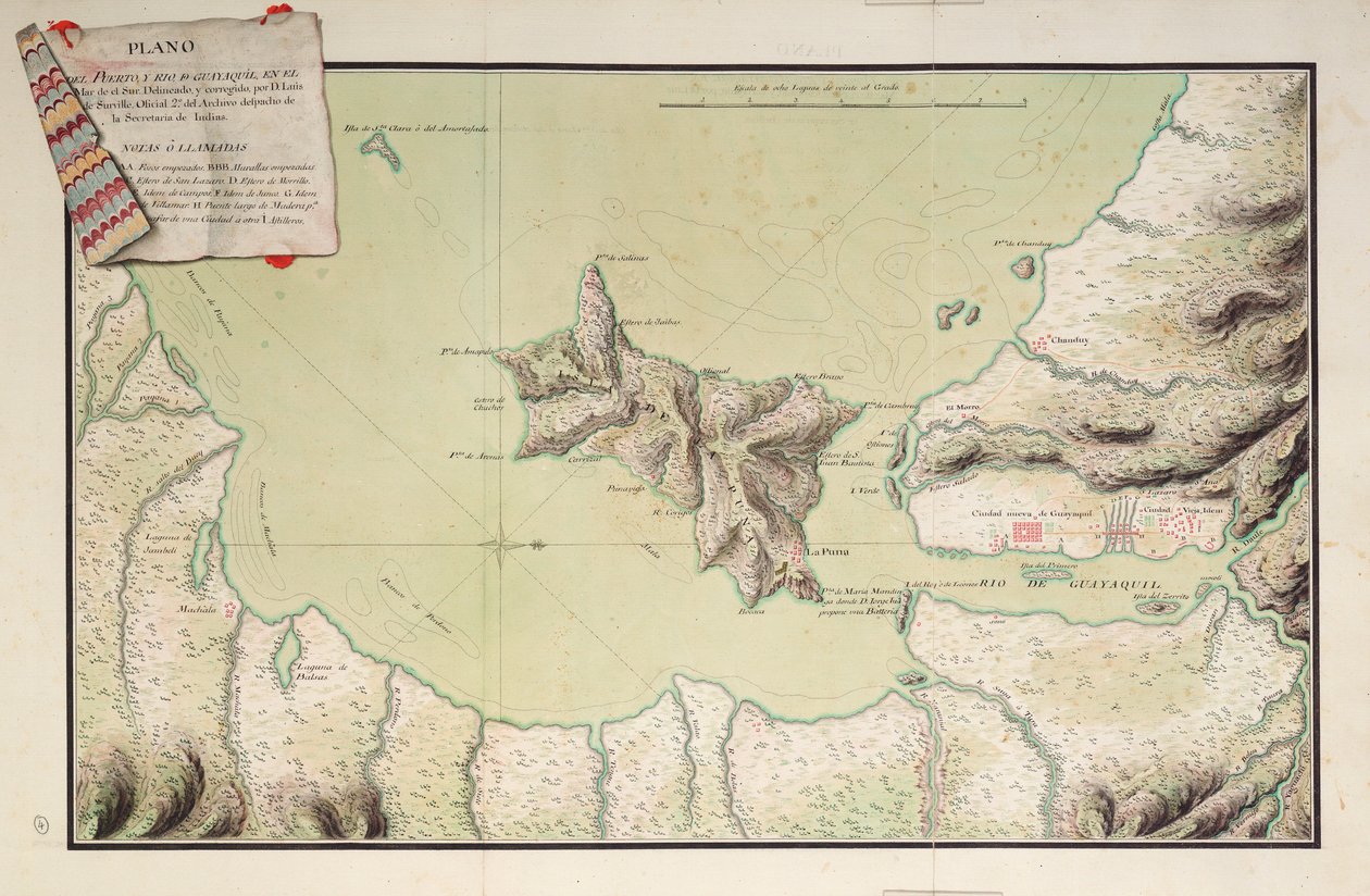 Karta över hamnen och floden Guayaquil vid Söderhavet av Luis de Surville