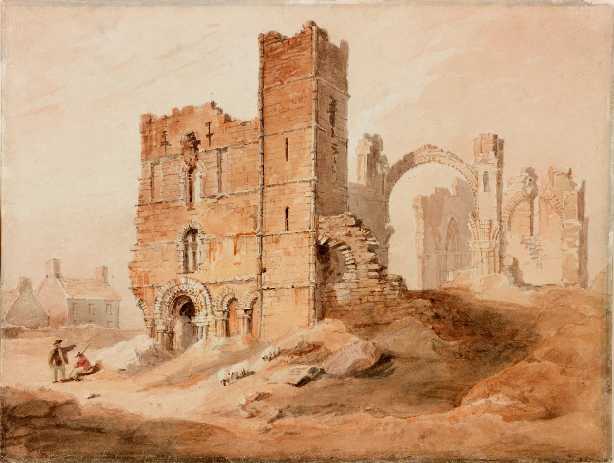 Lindisfarne Abbey - West Front (penna och akvarell på papper) av Luke Clennell