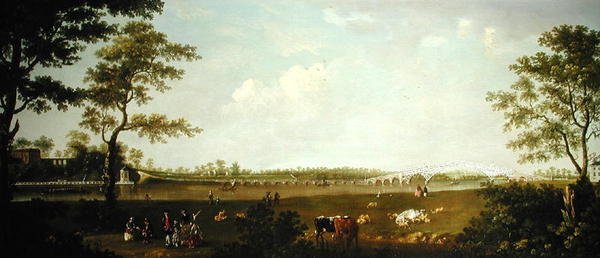 En utsikt över den gamla bron, Walton-on-Thames (olja på duk) av Luke Sullivan