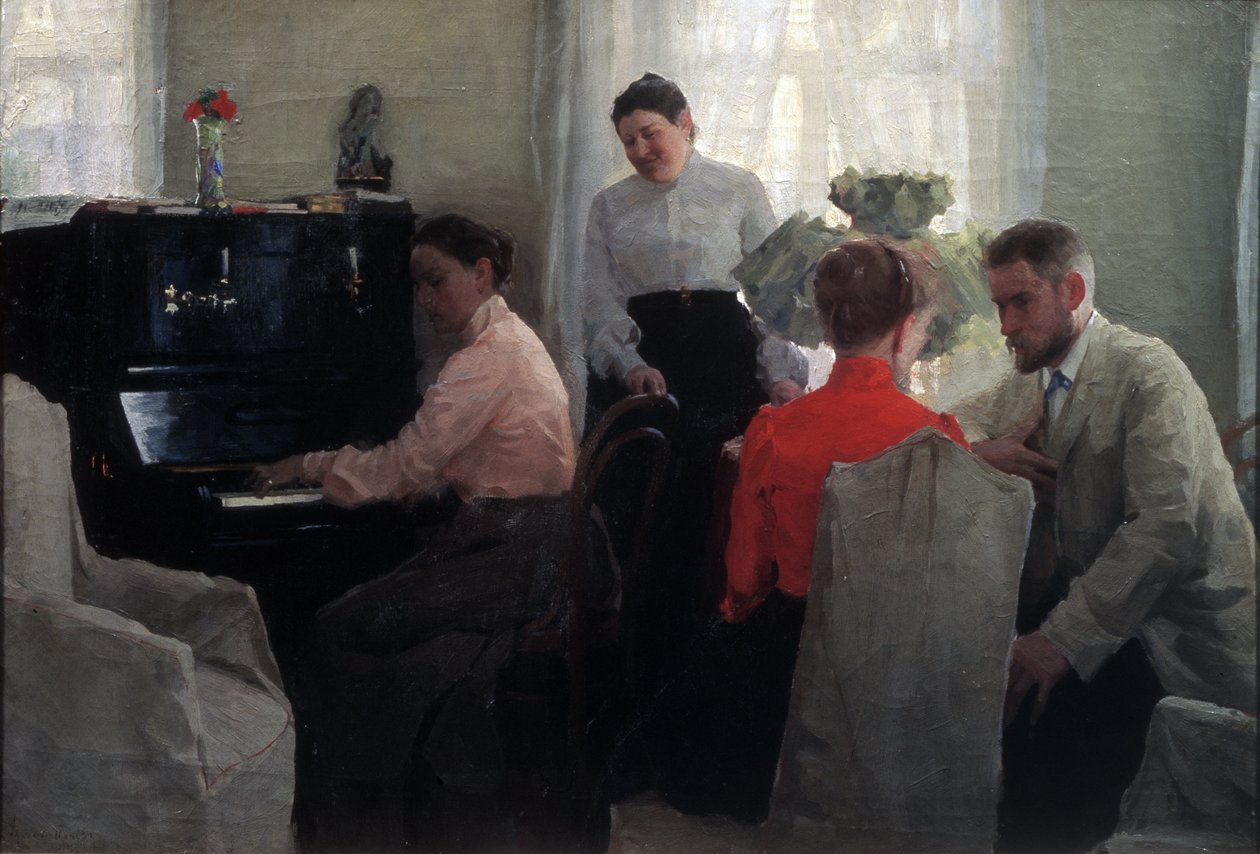 Pretendenten (en ung man som uppvaktar under överinseende av två kvinnliga chaperoner, varav den ena spelar piano) (Groom) - Målning av Lukian Vasilyevich Popov (1873-1914), olja på duk (54x80 cm) av Lukjan Vasilievich Popov