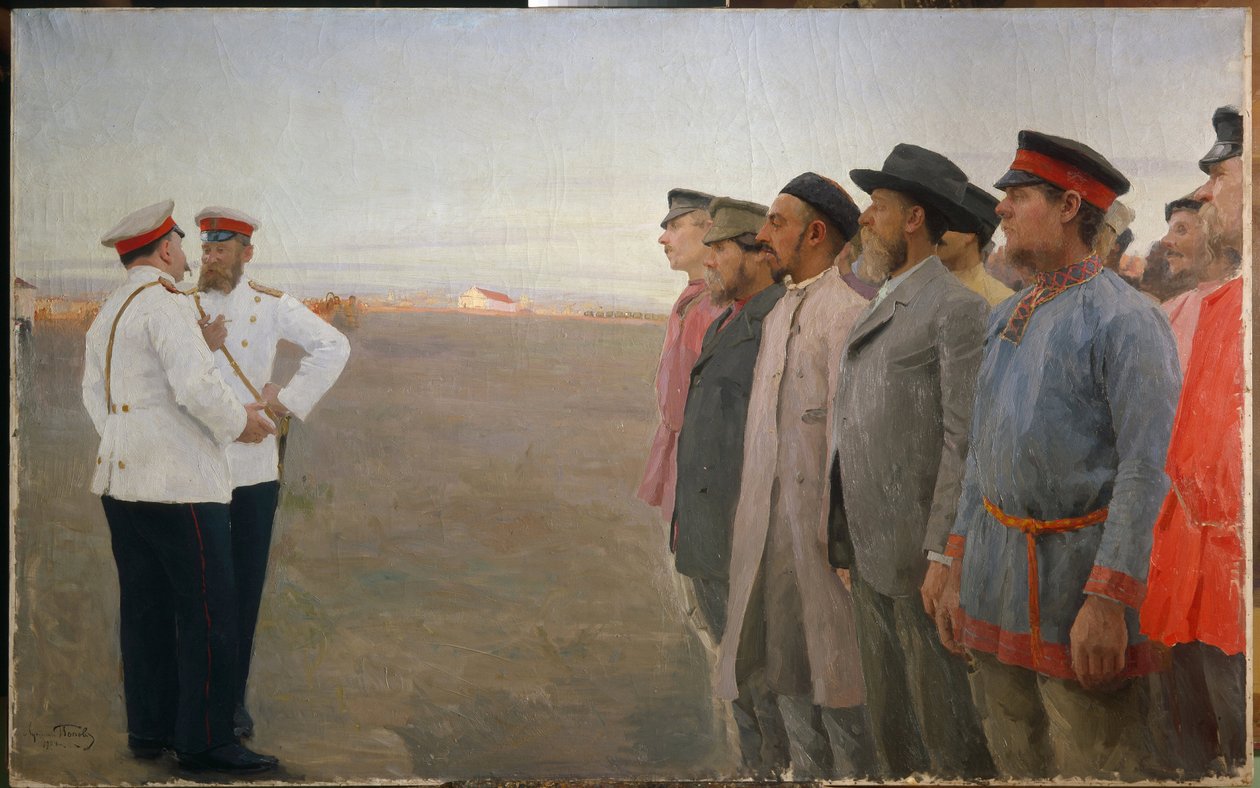 Rekrytering - Målning av Lukian Vasilyevich Popov (1873-1914), olja på duk av Lukjan Vasilievich Popov