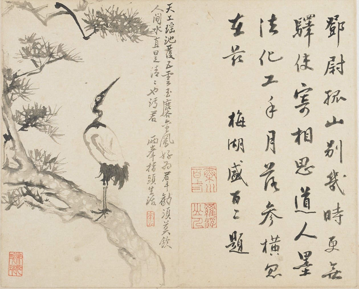 Landskap, blommor och fåglar: Tranan på tall, Qingdynastin, 1780 (bläck på papper) av Luo Ping