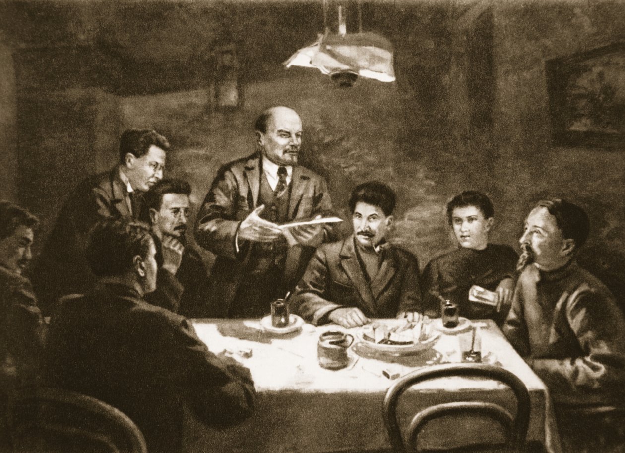 Möte för bolsjevikpartiets centralkommitté, 23 oktober 1917 (litho) av Lupov (attr. to)