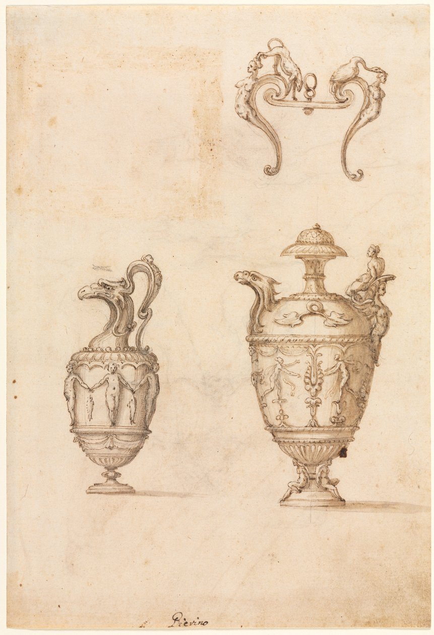 Design för två vaser och en prydnad (recto) av Luzio Romano