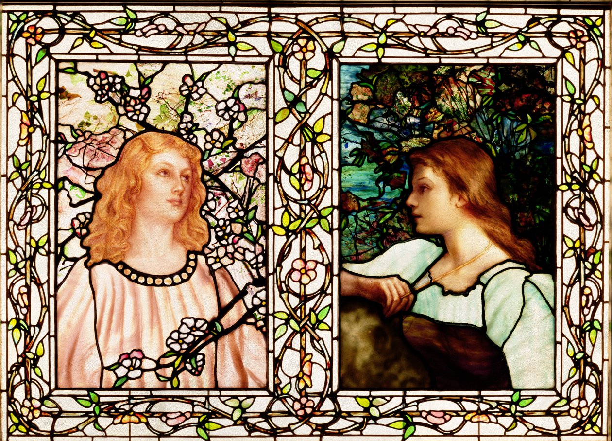Vår och höst, tillverkad av Tiffany Glass & Manufacturing Co., ca 1892 (blyat glas) av Lydia Field Emmett