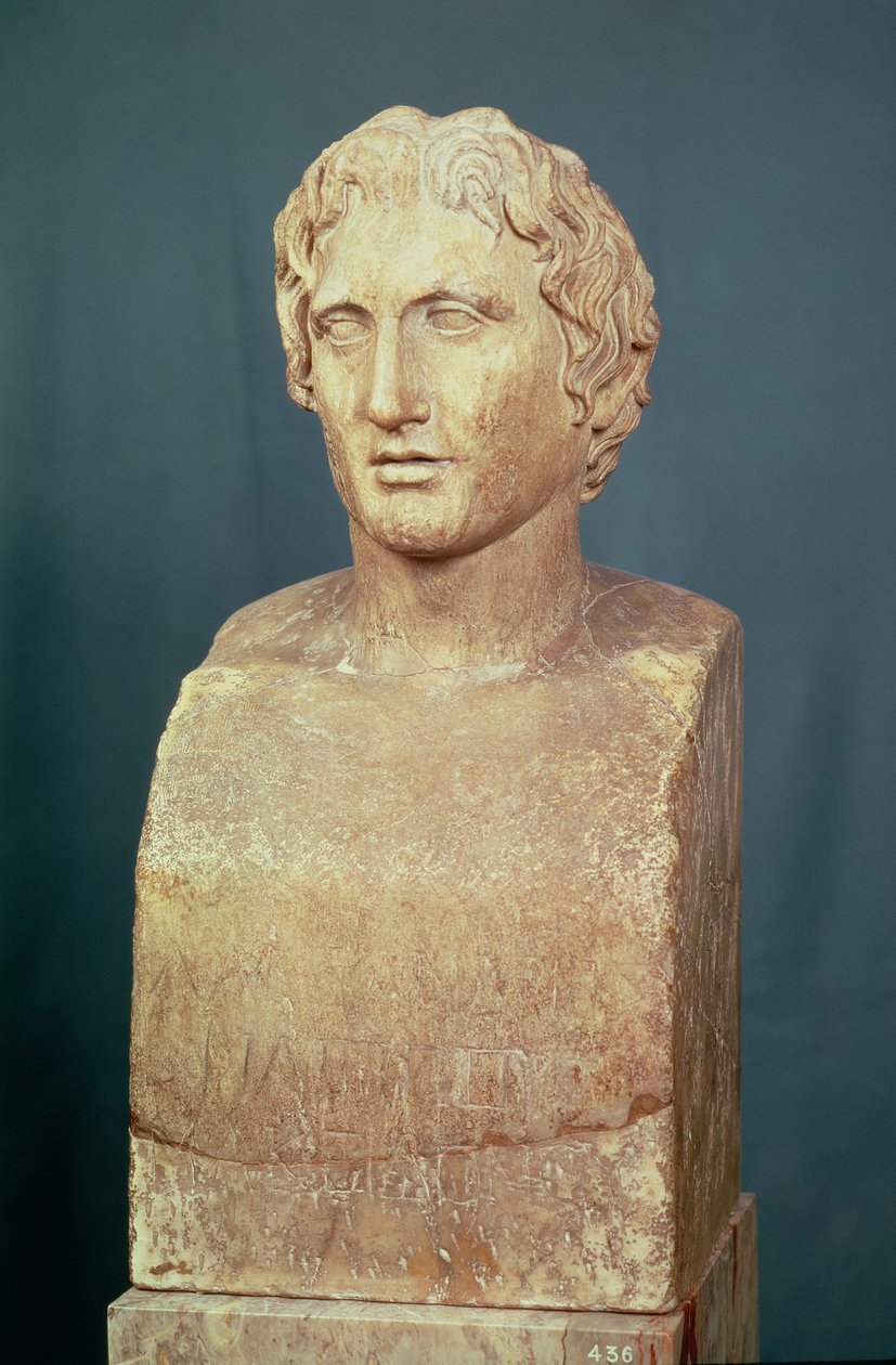 Porträttbyst av Alexander den store (356-323 f.Kr.) känd som Azara herm, grekisk kopia av original från 300-talet f.Kr. (marmor) av Lysippos (after)