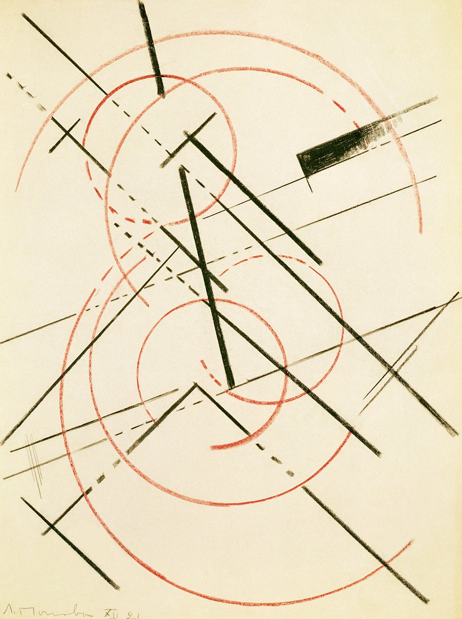 Linjär sammansättning (röd och svart krita på papper som läggs ombord) av Lyubov Sergeevna Popova
