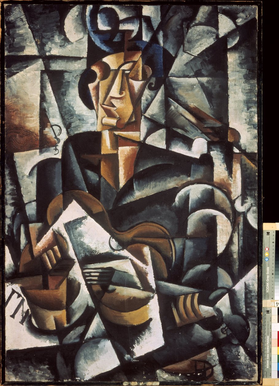 Kvinna med en gitarr. Målning av Lyubov (Lioubov) Sergeyevna Popova (1889-1924), olja på duk av Lyubov Sergeevna Popova