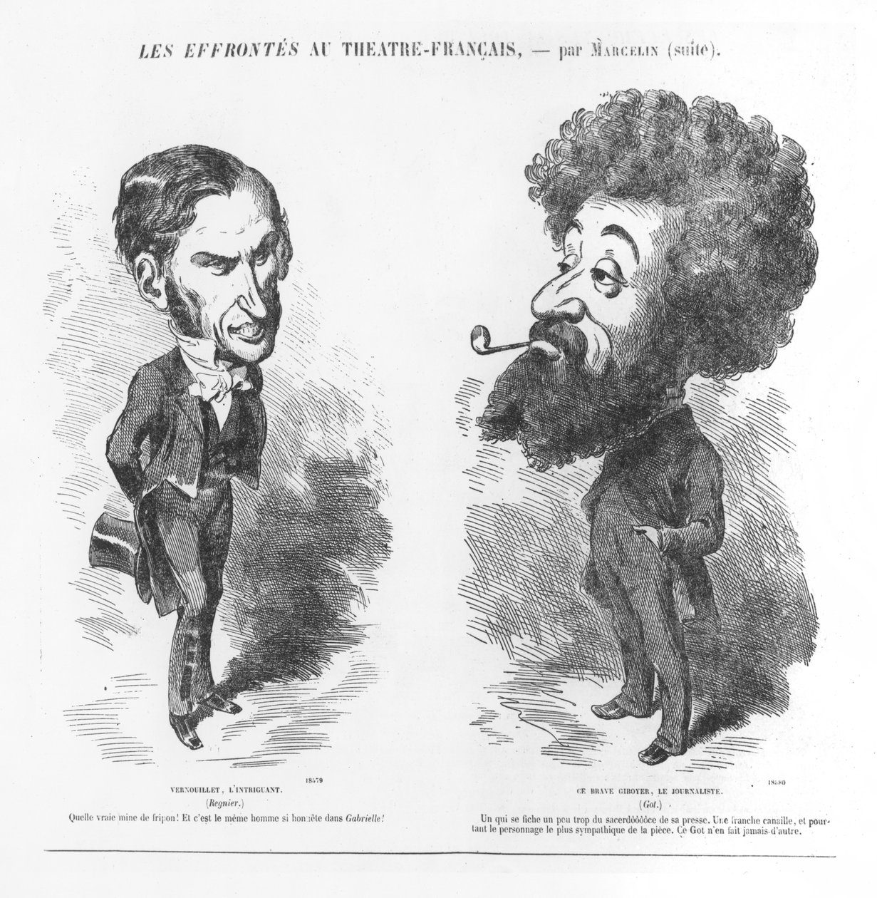 Karikatyrer av Vernouillet den spännande och den modige Giboyer, journalisten, från "Les Efrontes au Theatre Francais" av M. Marcelin