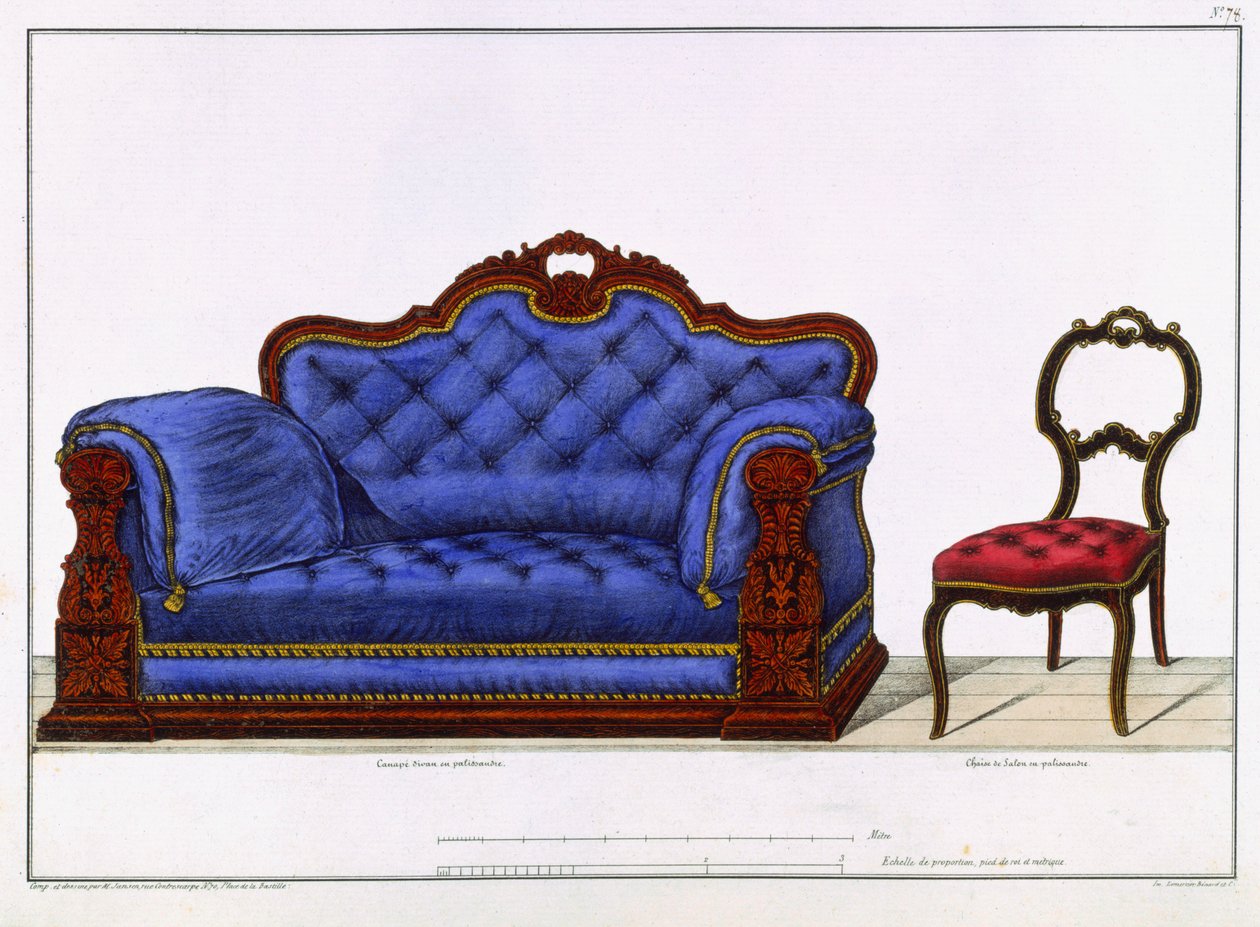 Fransk soffa och stol från Modeles de Meubles et de decorations interieures pour les meubles, Paris, Santi, M, 1828 av M. Santi