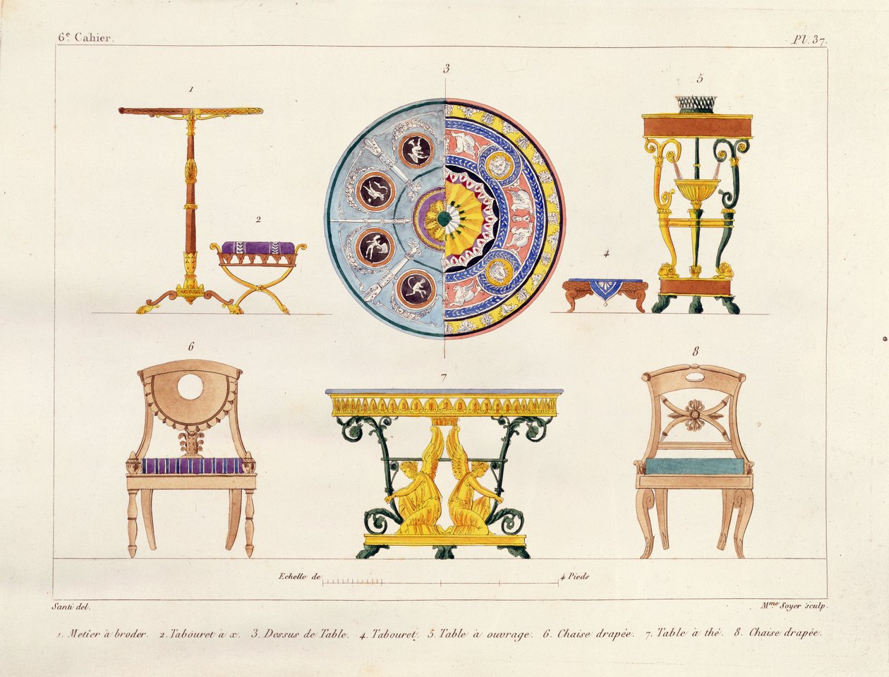 Möbeldesign, graverad av Mme Soyer, platta 37 från "Modeles de Meubles et de decorations interieures pur les meubles", publicerad 182841. av M. Santi