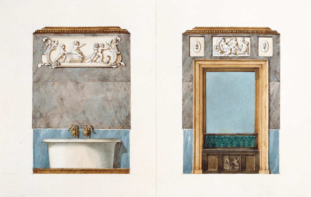 Badrummet på rue Fortunee, hus köpt av Balzac 1847, 1851 (wc på papper) av M. Santi