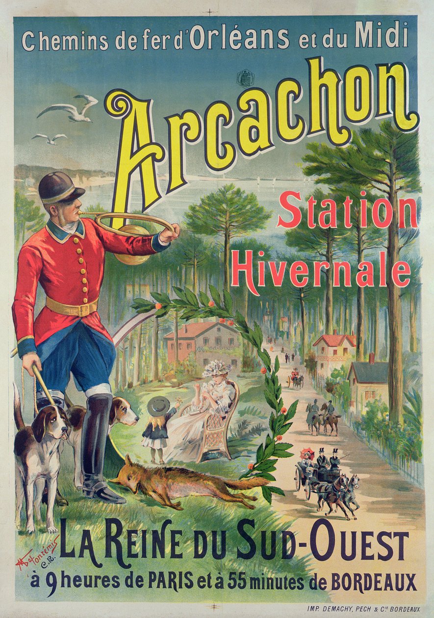 Affisch med reklam för badorten Arcachon, ca 1910 av M. de Fonremis