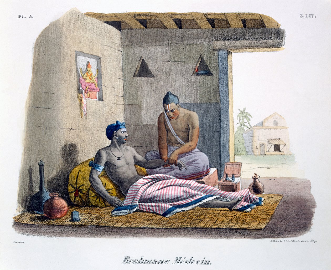 En brahminläkare som tar en puls, 1827-35 av M.E. Burnouf