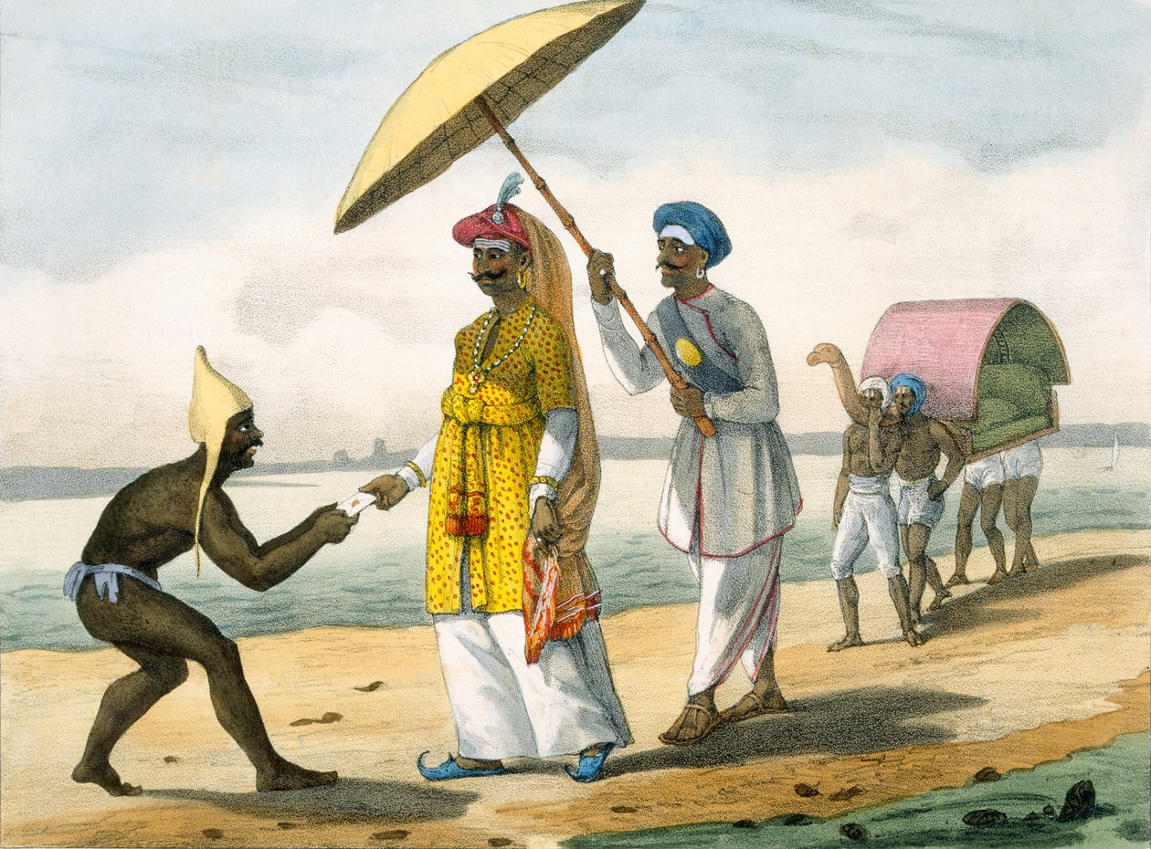 Paleagar levererar ett brev till stormän på en strand, 1827-35 av M.E. Burnouf