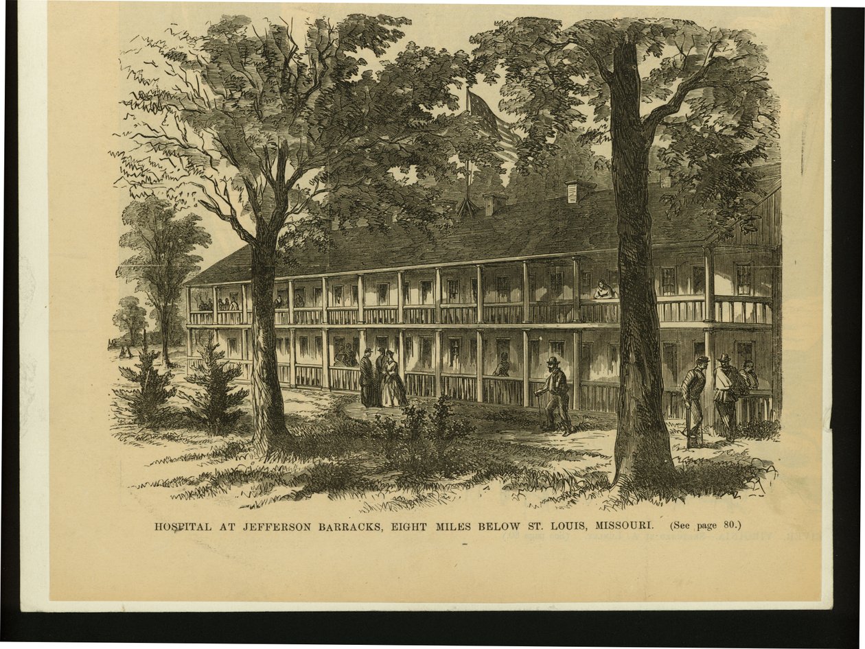 Print of two-story barracks-type building with several figures visible outside av M.H. Bishard