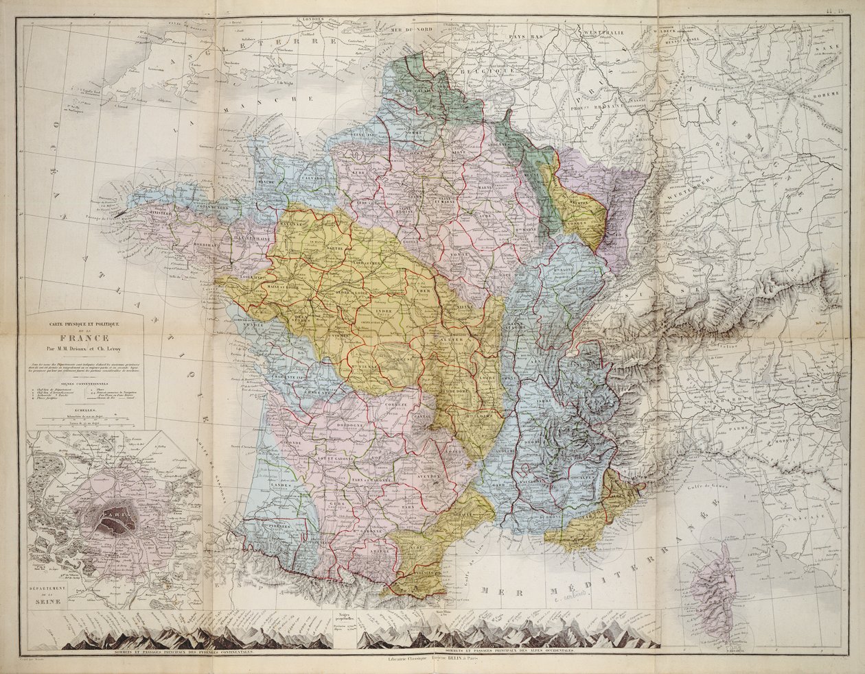 Karta över Frankrike, ca 1830-40 av M.M. and Leroy, Ch. Drioux