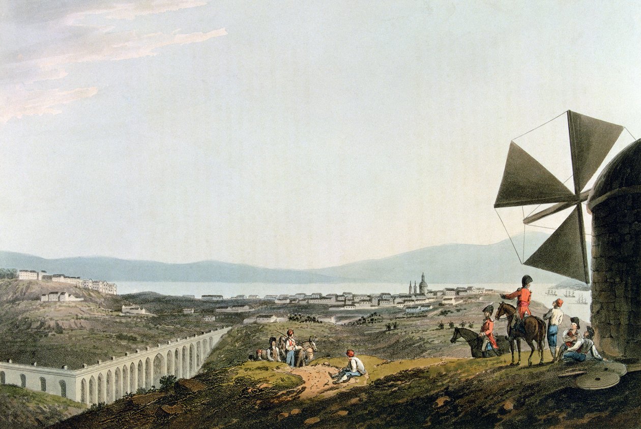 Lissabon och Alcantara-akvedukten, graverad av I. Clark av M. (after) Bradford