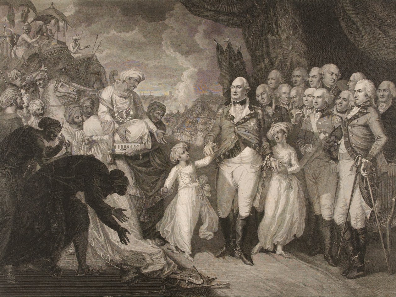 Markisen Cornwallis tar emot gisslanprinsarna, söner till Tippoo Sultan av M. (after) Brown