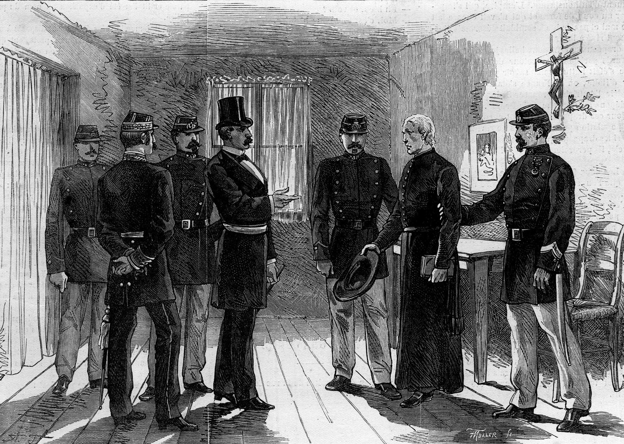 Deportation av jesviterna från Rue de Sevres i Paris efter dekreten från mars 1880 utfärdade av Jules Ferry och avlägsnande av rätten att undervisa medlemmar av otillåtna religiösa församlingar: en jesvitfar gripen i sin cell. 30 juni 1880. En av M. (after) Ferdinandus
