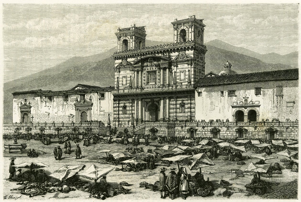 Katedralen i Quito (huvudstad i dagens Ecuador) och den populära underhållningen på dess torg. Gravyr av Clerget och Ferdinandus, för att illustrera berättelsen "Equinoxiale America"" av M. (after) Ferdinandus