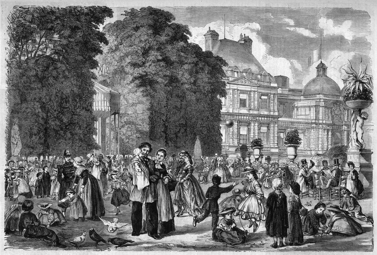 Utsikt över Luxemburgträdgården i Paris. Gravyr efter en teckning av M. Pietsch i "The Illustrious Universe" av M. (after) Pietsch