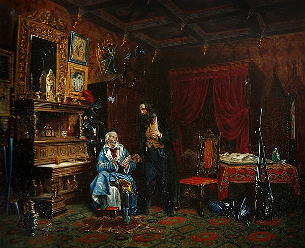 Interiör av ett antikvariat med medeltida möbler, ca 1838-46 (färg litho) av M. (after) Renoux