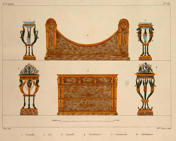 Möbeldesigns, graverade av Mme Soyer, platta 28 från "Modeles de Meubles et de decorations interieures pur les meubles", publicerad 1828/41 (färglitografi). av M. (after) Santi