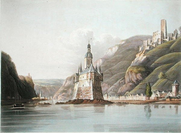 Slottet Pfalz och staden Laub, illustration från "A Picturesque Tour along the Rhine, from Mentz to Cologne", graverad av T. Sutherland, publicerad 1820 (litografi i färg). av M. (after) Schuetz