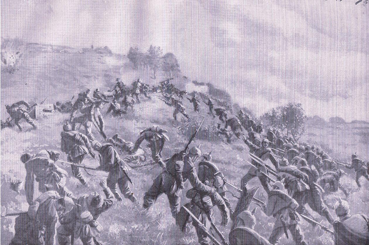 Återtagandet av Szawle. Storming the ridge, från puben The Illustrated History of the World War 1914-1915. av Union Berlagsefellfchaft av M. Barascudts