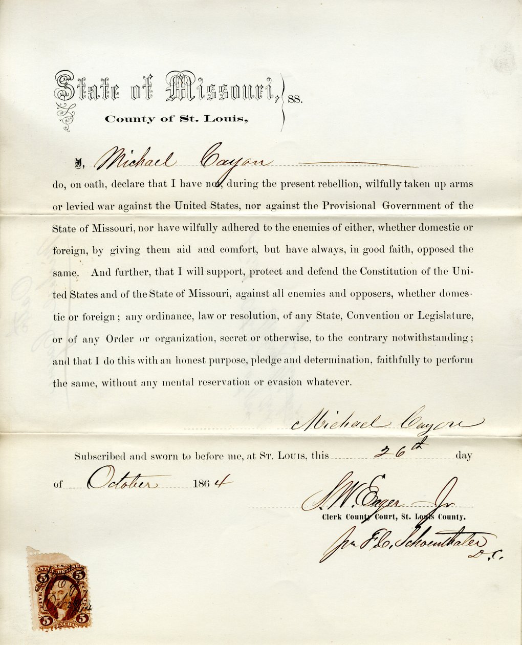 Loyalty oath of Michael Cayon of Missouri, County of St. Louis av M. Cayon