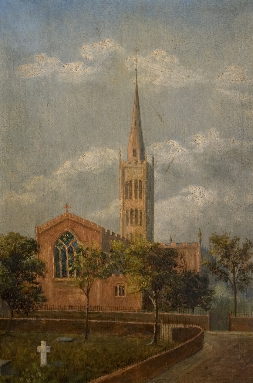 Holy Trinity Church and Churchyard, Coventry, ca 1900 (olja på duk) av M. E. Colledge