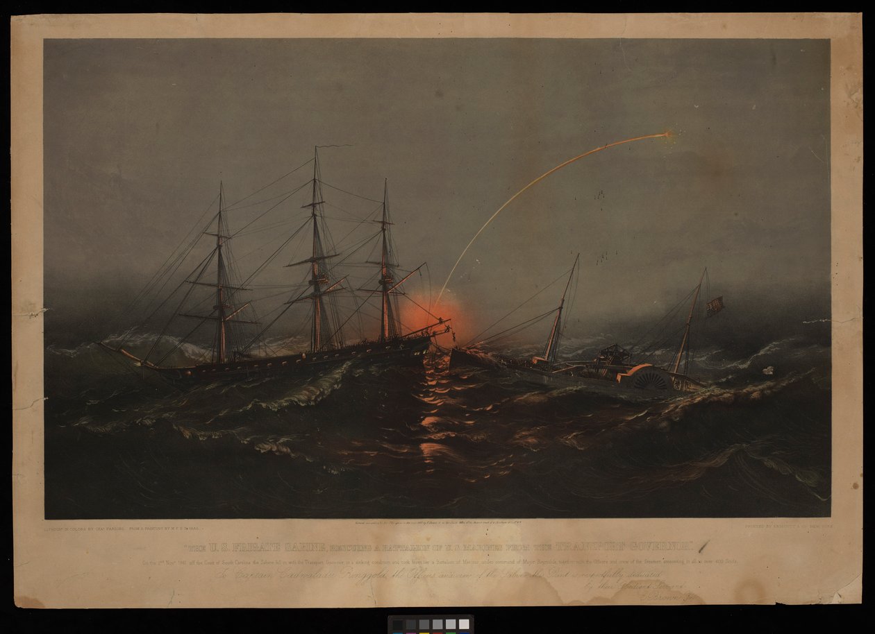 Den amerikanska fregatten Sabine räddar en bataljon amerikanska marinsoldater från transportfartyget Governor. Den 2 november 1861 utanför South Carolinas kust (litografi, färglagd) av M. F. H. De & Parsons Charles Haas