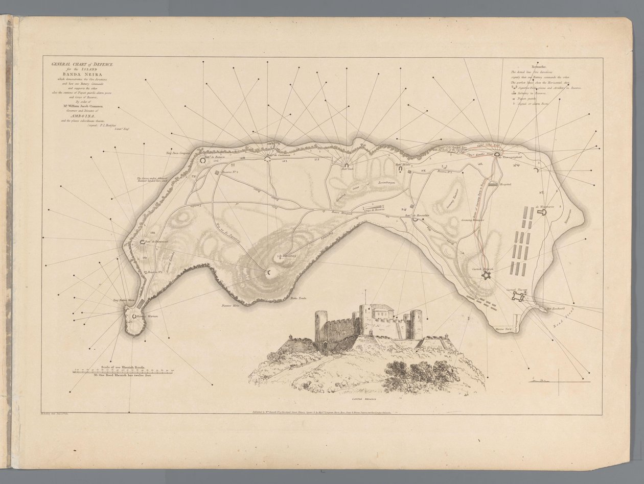 Erövring av Banda av engelsmännen den 9 augusti 1810 Illustrativ redogörelse för kapten Coles fantastiska prestation vid erövringen av ön Banda (titel på objekt) av M. Graham