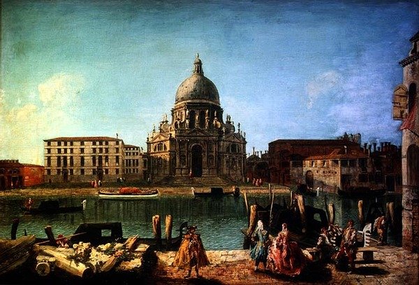 S. Maria della Salute från Rio de San Moise, Venedig, med gentry och gondoljärer i förgrunden. av M. and Guardi G.A. Marieschi