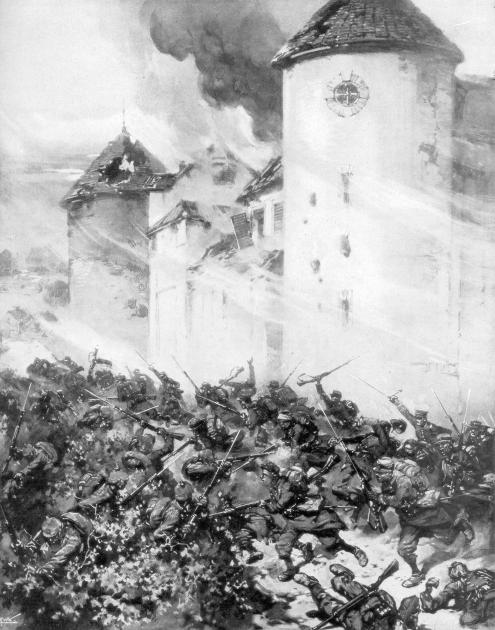 Fransmän och tyskar slåss under murarna i Chateau de Mondement, Frankrike, 1914. av M. H. W. Koekkok