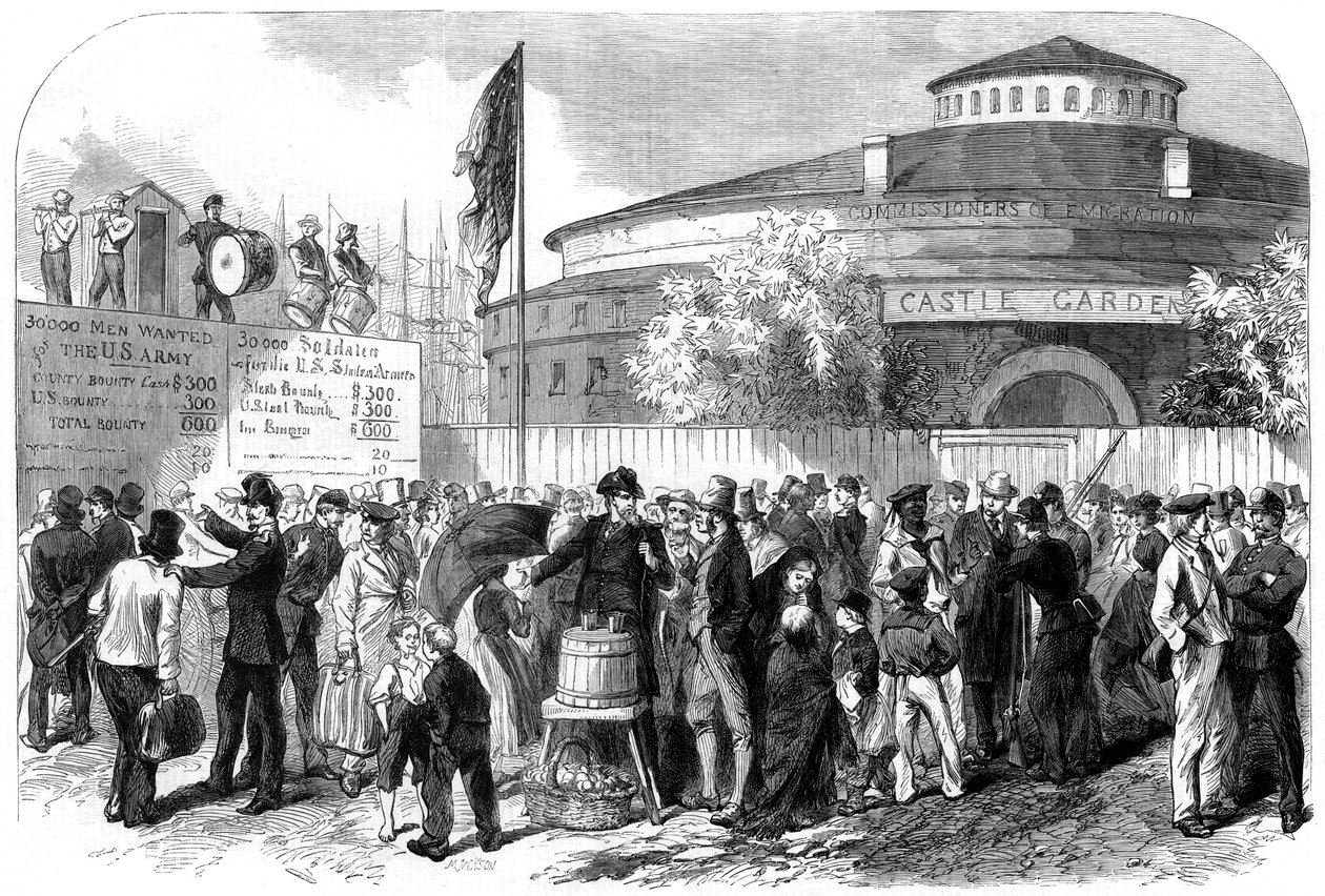 Värva irländska och tyska emigranter på Battery, New York, USA, 1864. av M. Jackson