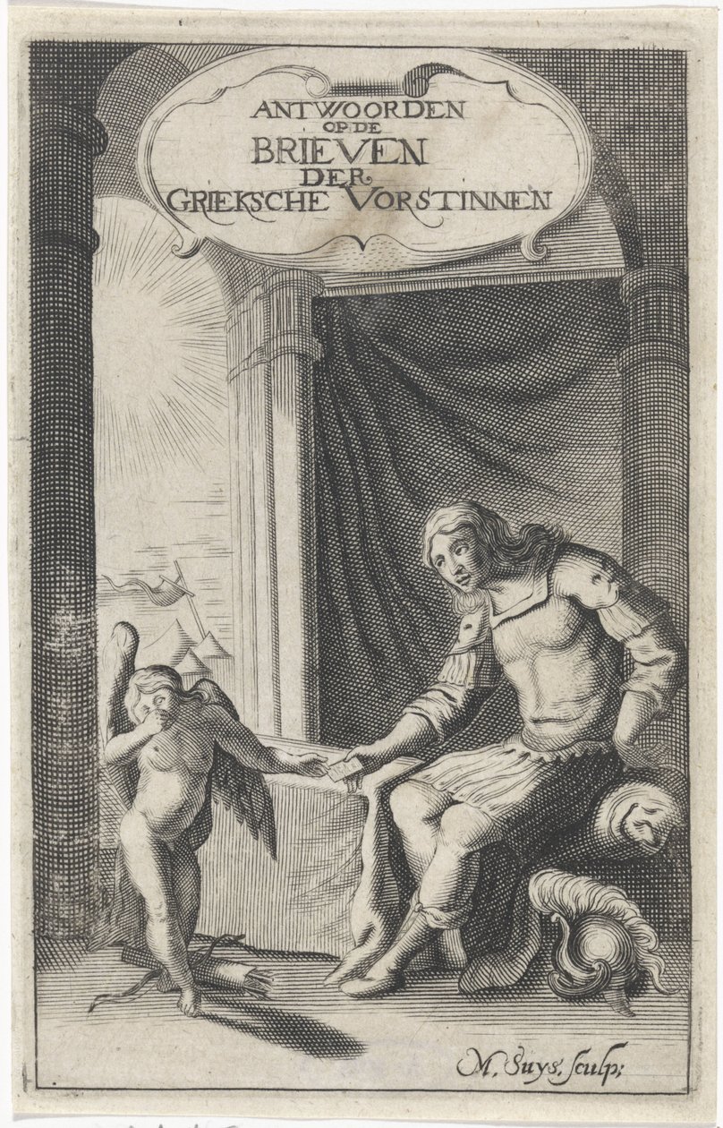 Grekisk krigare får ett brev från Amor Titelsida för: Christoffel Pierson, Answers of the Griecksche Vorsten to Twelve av Ovidius Nazoos Mourning Letters of the Blakende Vorstinnen, 1658 av M. Suys